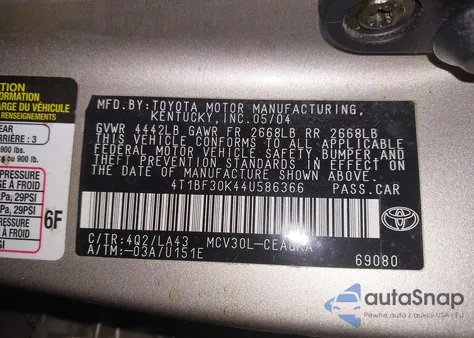 2004 Toyota Camry Xle V6 from USA, damaged, VIN 4T1BF30K44U586366